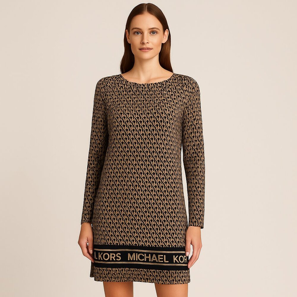 Michael Kors Women's MK Logo Print Long Sleeve Mini Dress - Size M
